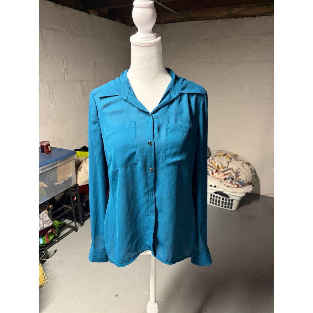 Alfani Size 6P Teal/Blue/Green Blouse w/See Thru Feathered Back